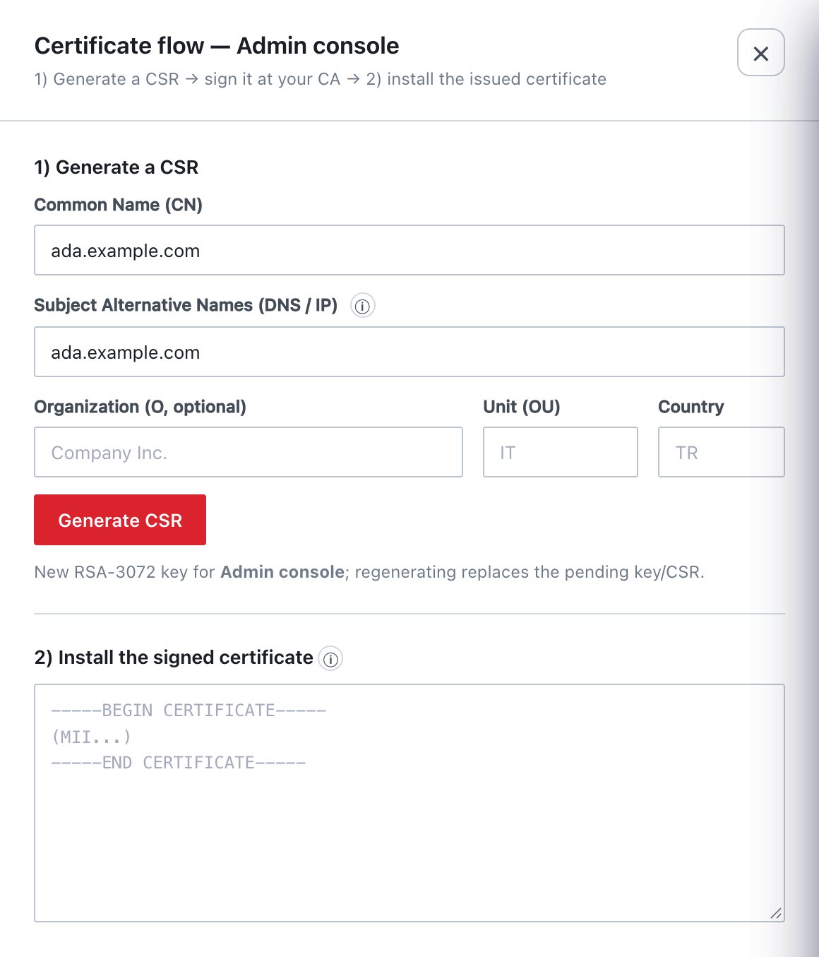 Certificate flow: generate a CSR, then install the issued certificate.