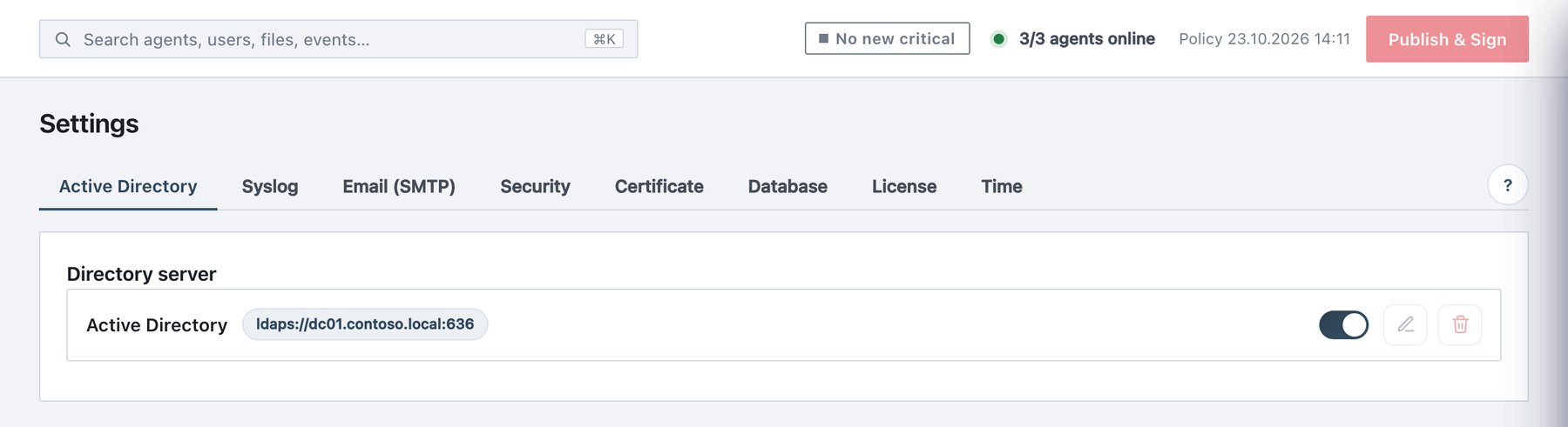 Settings → Active Directory: the directory server card.