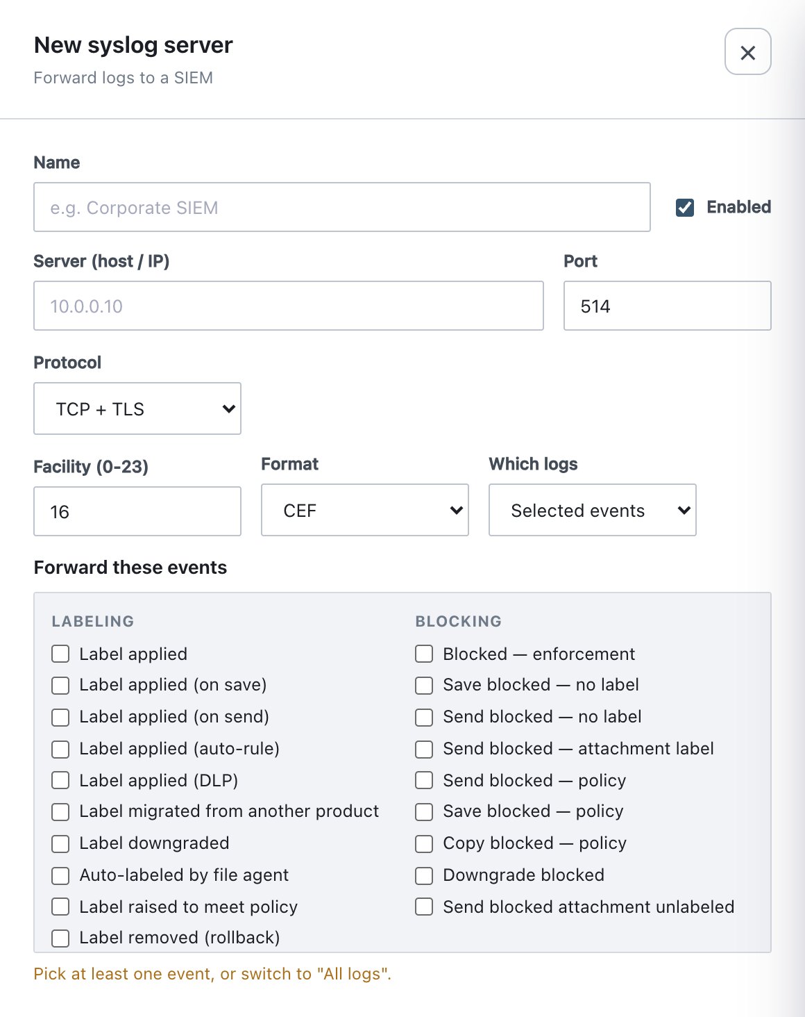 Syslog server drawer with TCP + TLS and selected events.