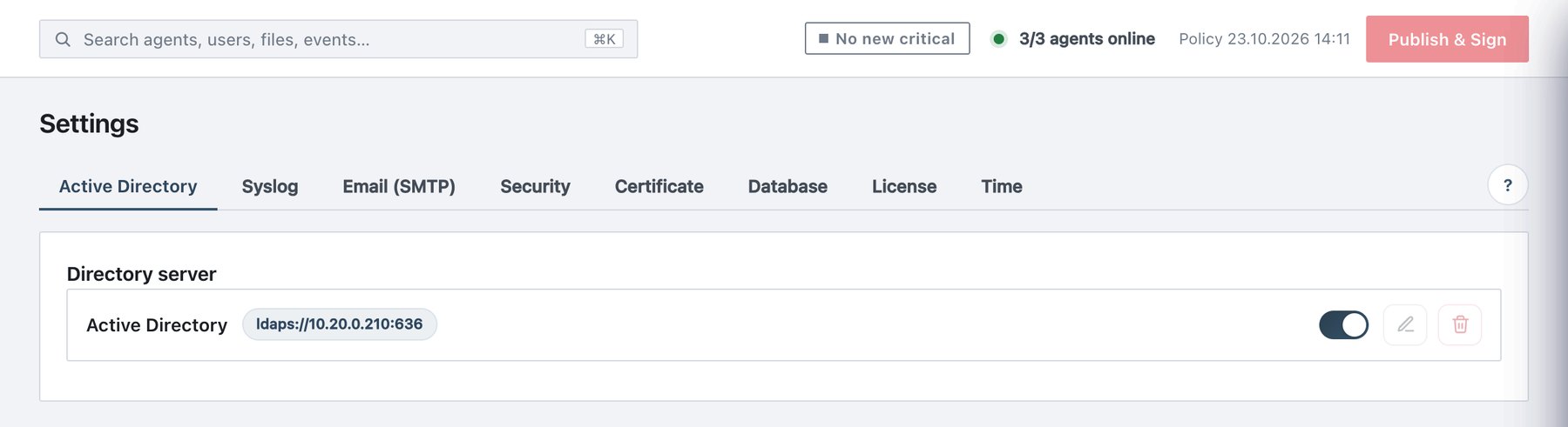 Administration → Settings and its eight sub-tabs.