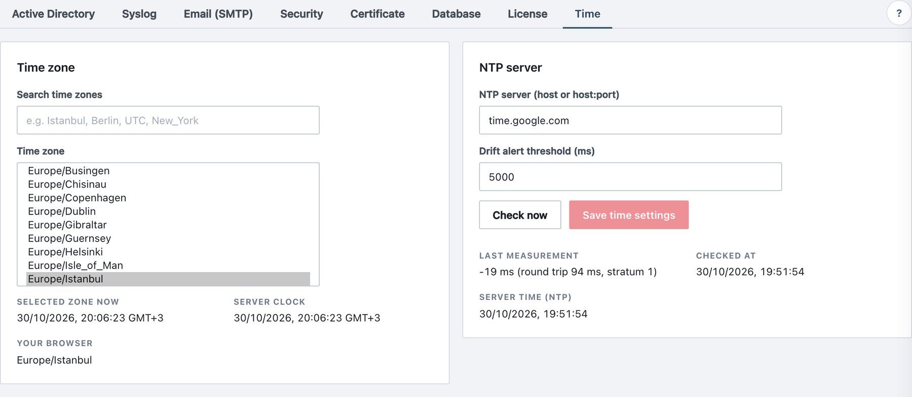 Settings → Time: time zone and NTP.