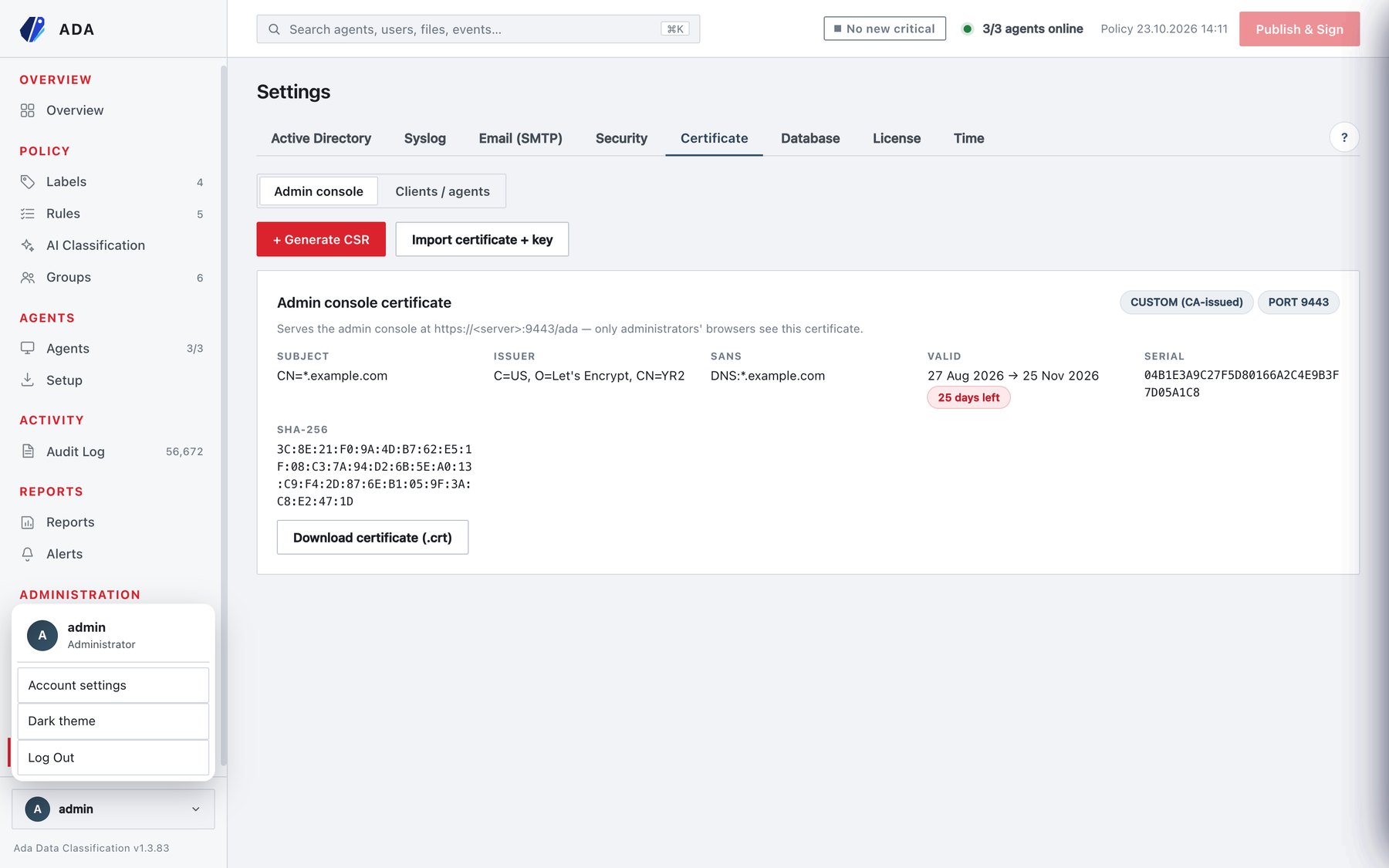 User menu at the bottom of the sidebar.
