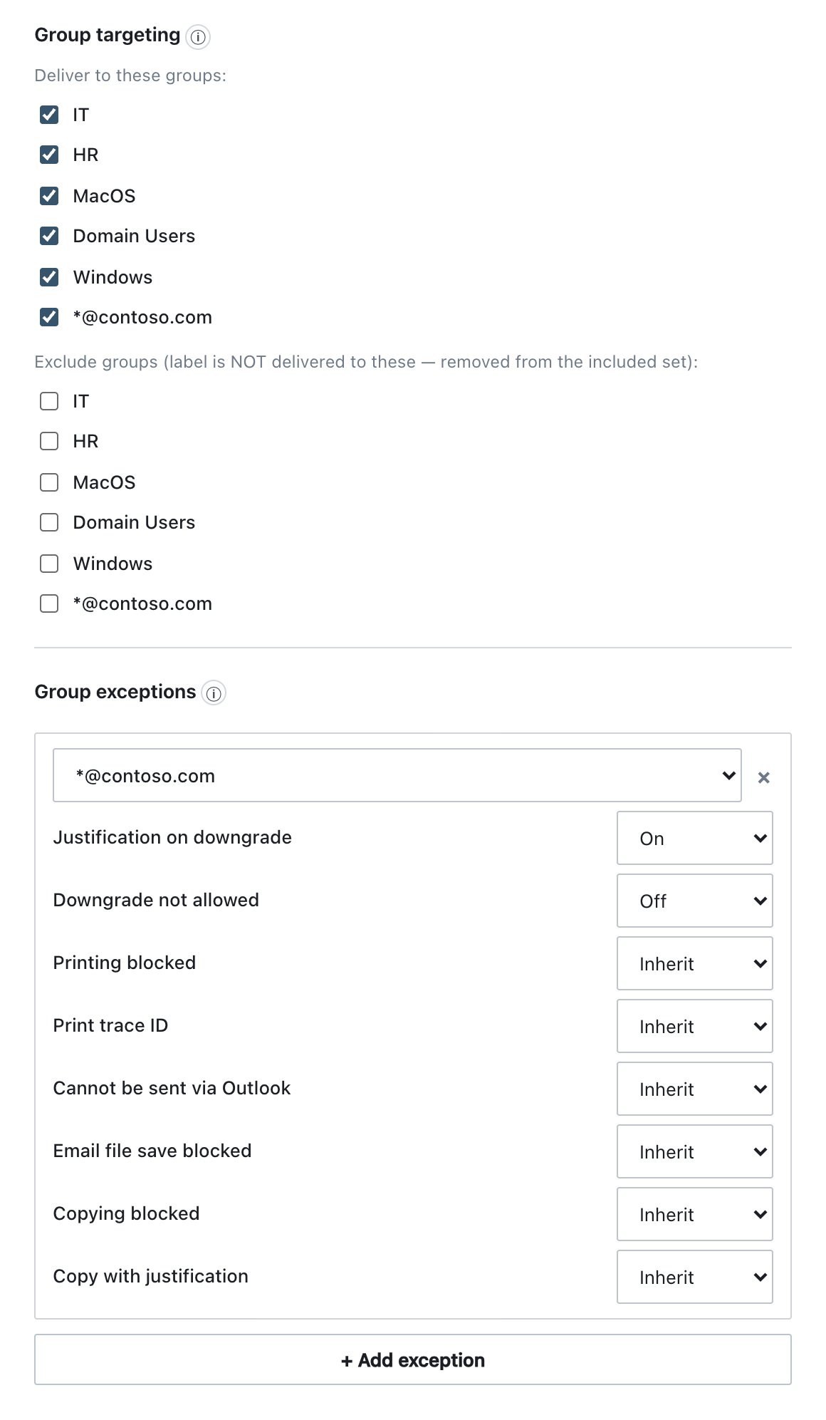 Label drawer: group targeting, exclusions and per-group exceptions (Inherit / On / Off).