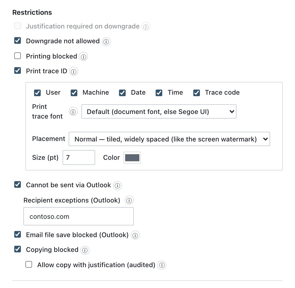 Label drawer: restrictions, including print trace options and recipient exceptions.