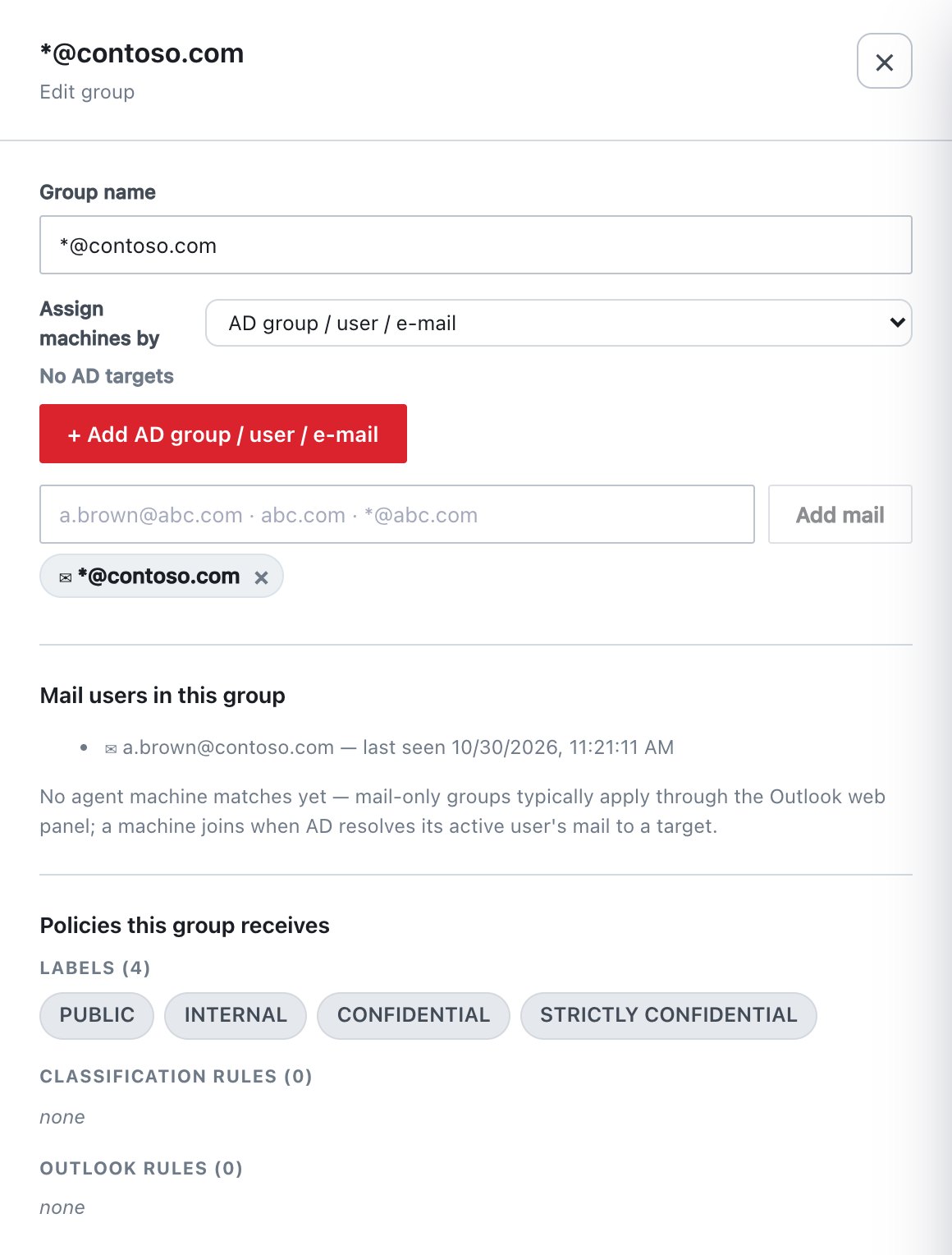 Group targeting by e-mail address or domain: mailboxes using the Outlook web add-in.