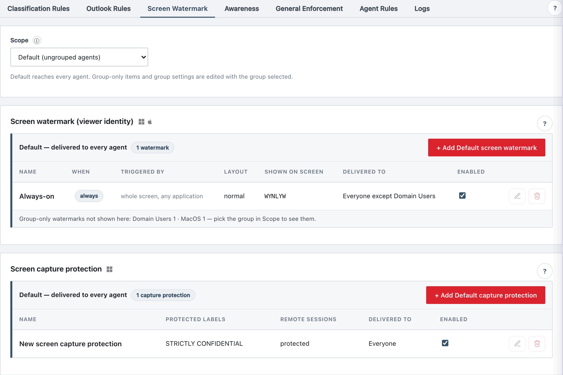 Policy → Rules → Screen Watermark: watermark rules and screen capture protection.