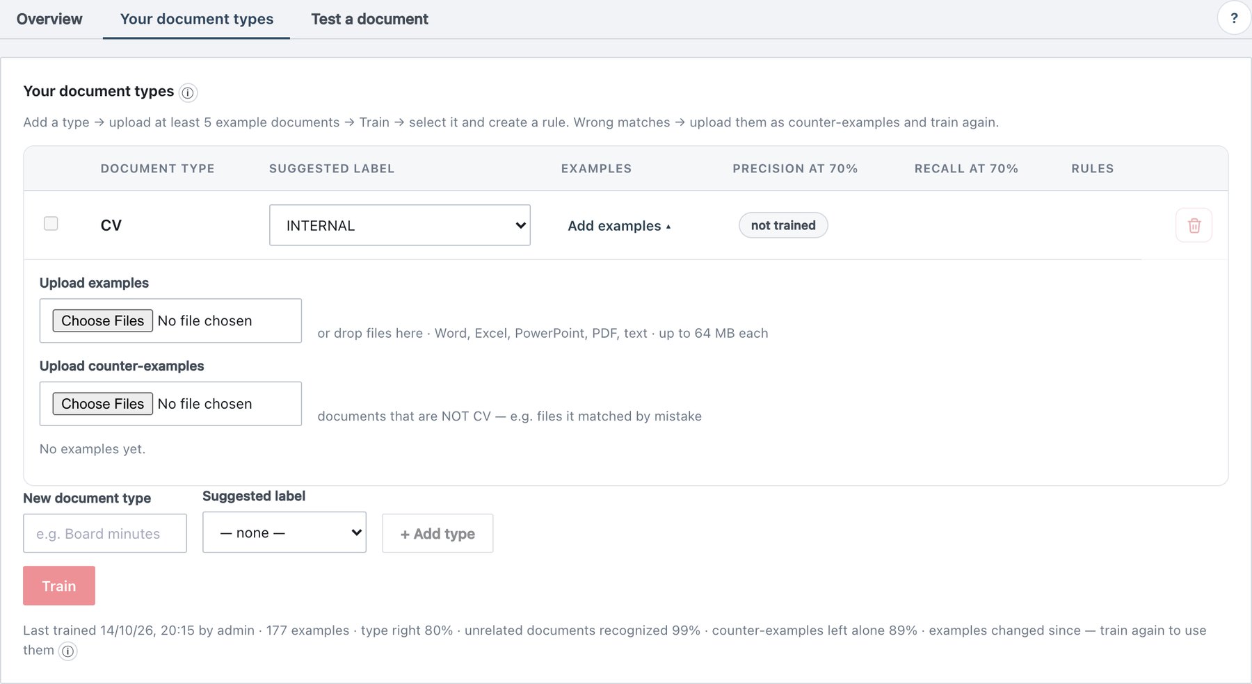 Examples panel of a document type: upload examples and counter-examples.