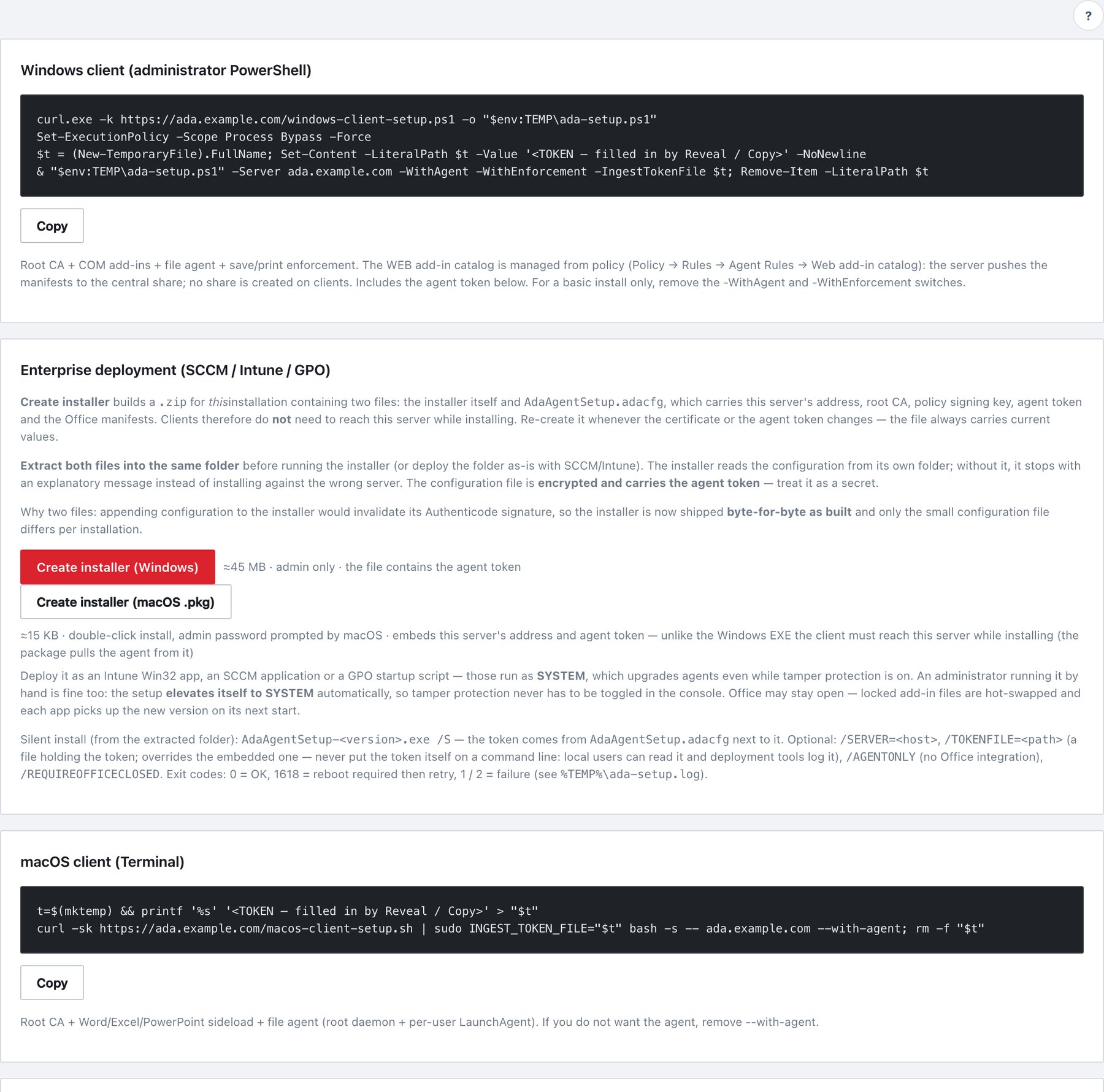 Agents → Setup: script install and the enterprise installer.