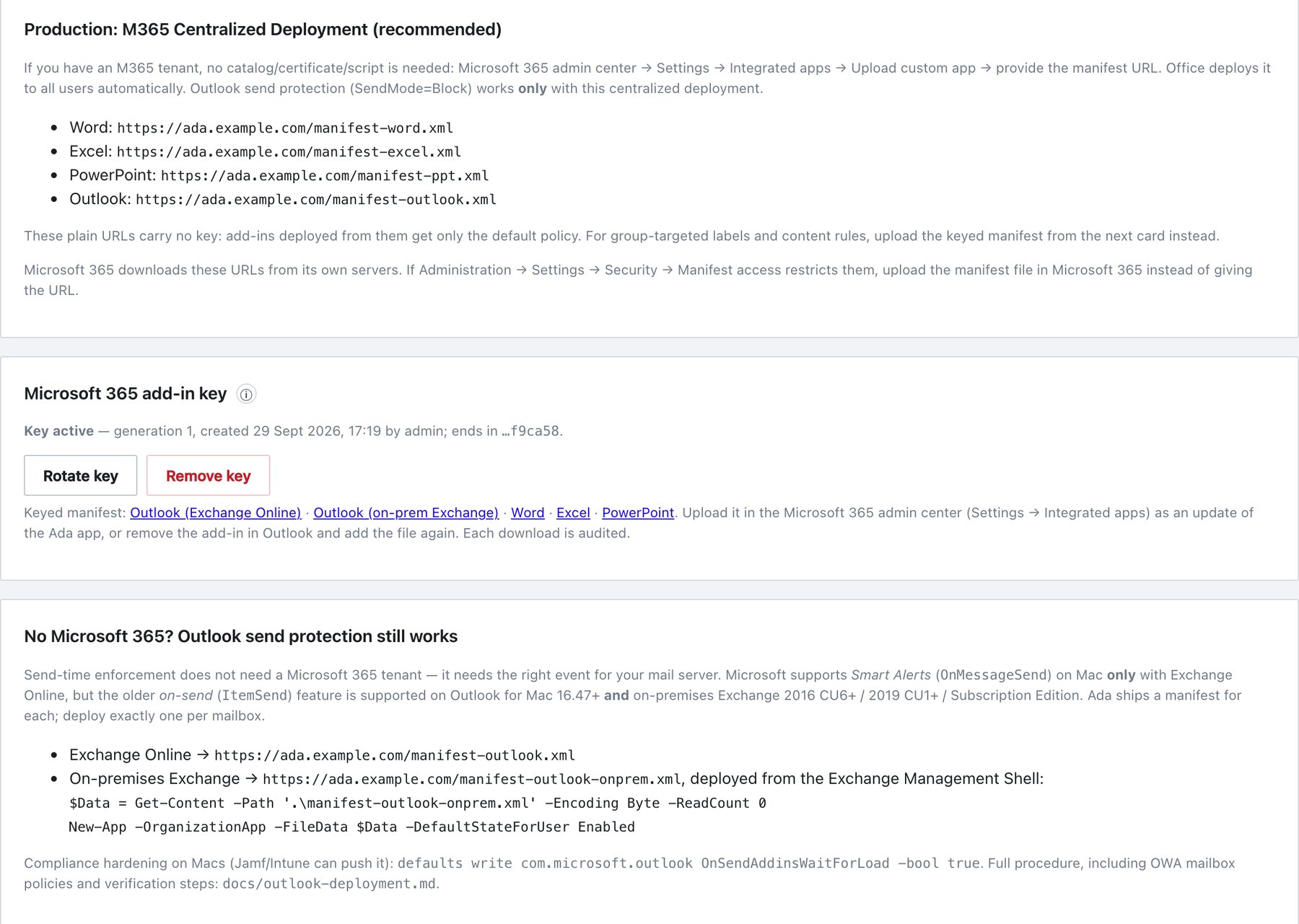 Microsoft 365 centralized deployment and the add-in key.