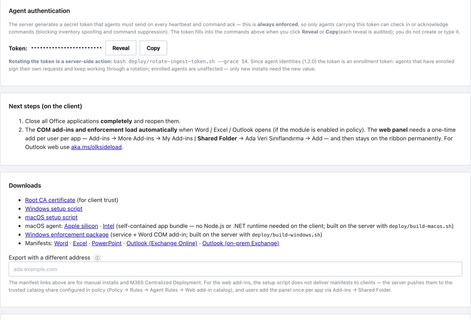 Agent authentication token, next steps and downloads.