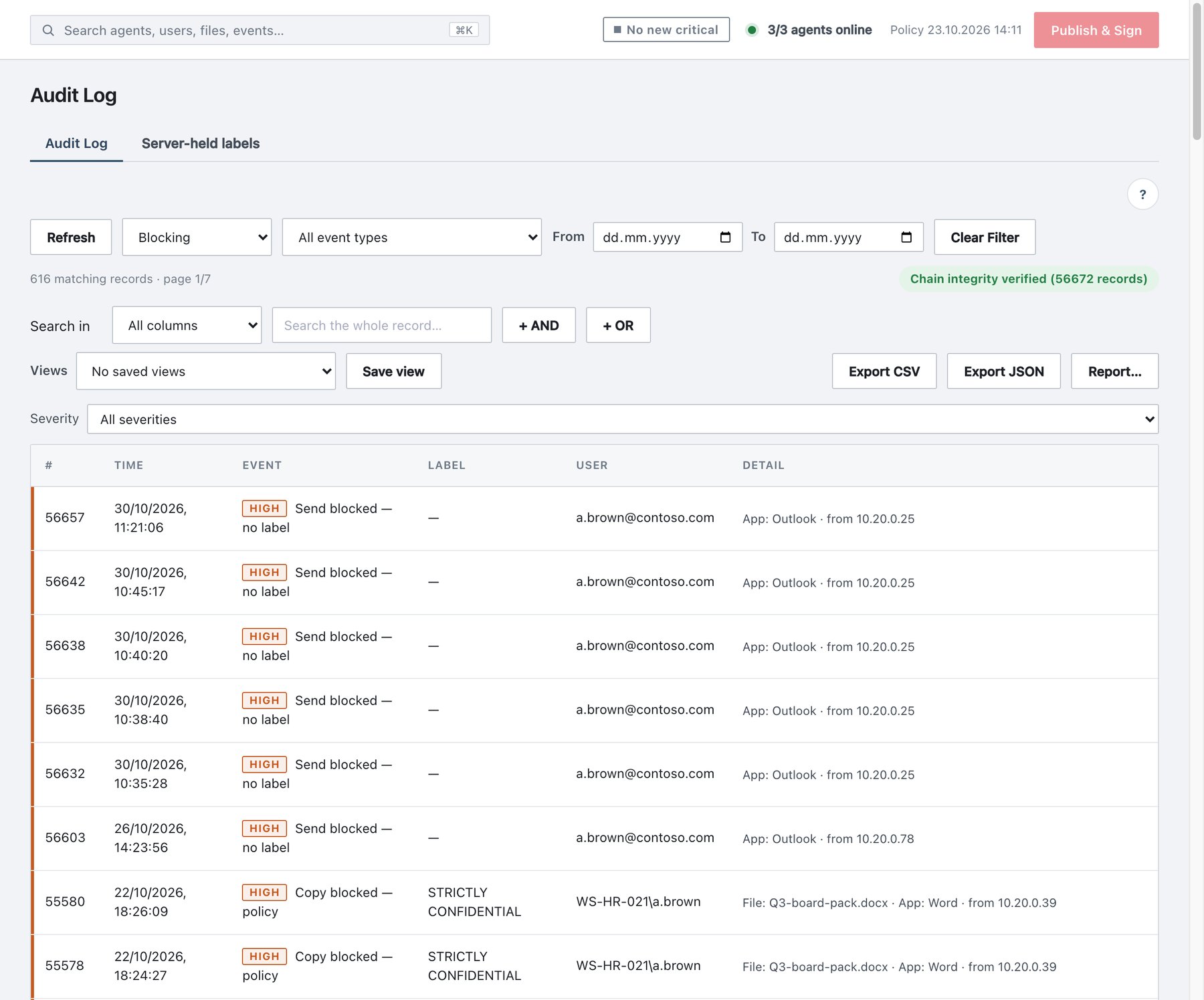 Activity → Audit Log filtered to the Blocking category.