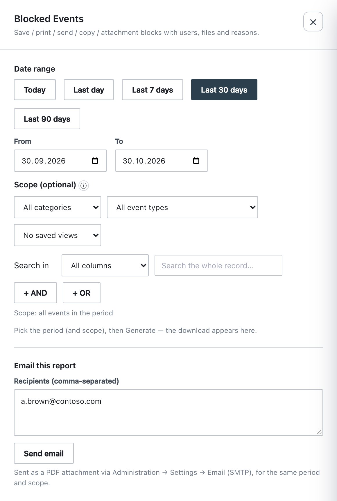 Report drawer: date range, scope, download and e-mail.