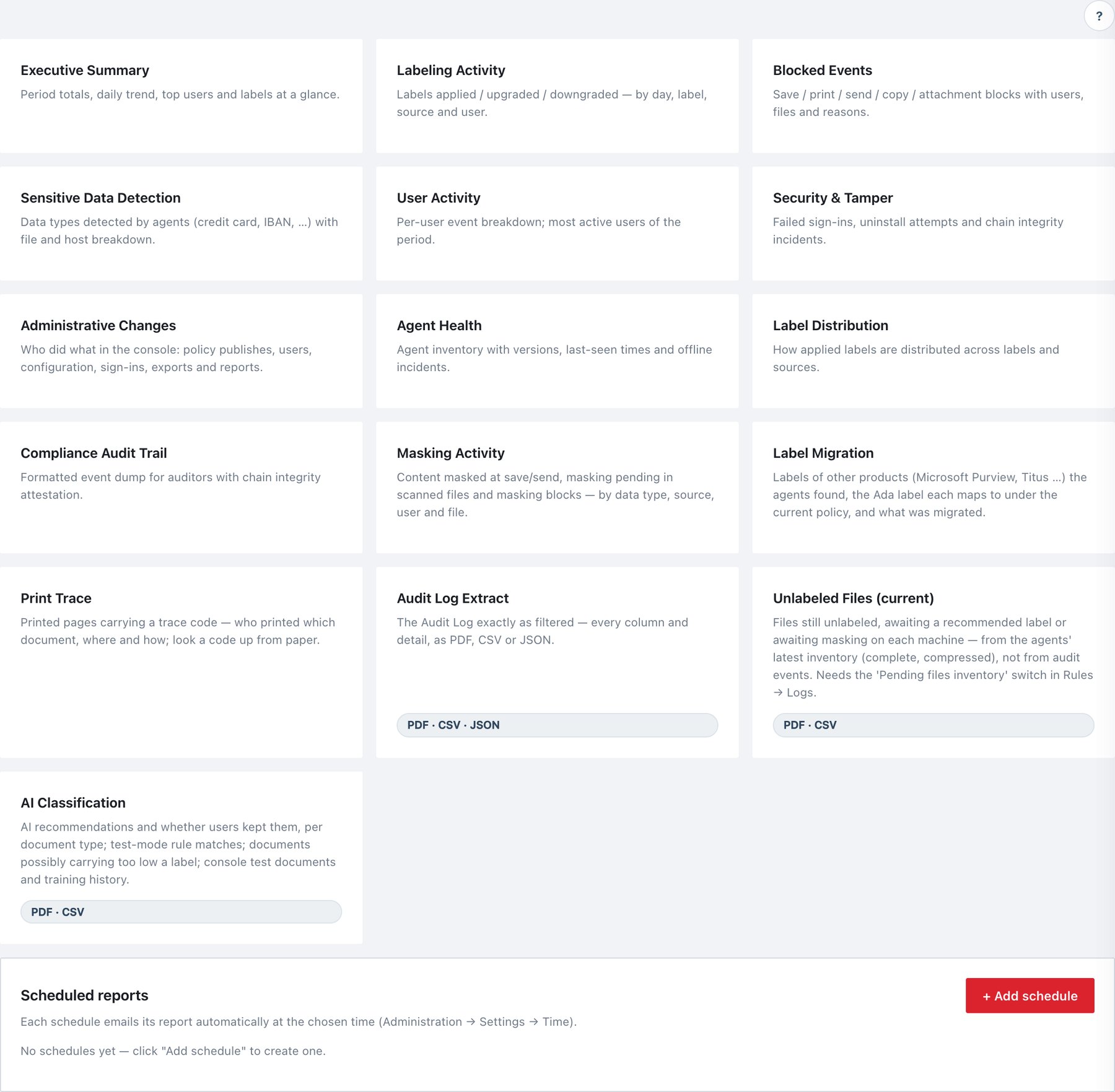 Reports: the report catalogue and scheduled reports.