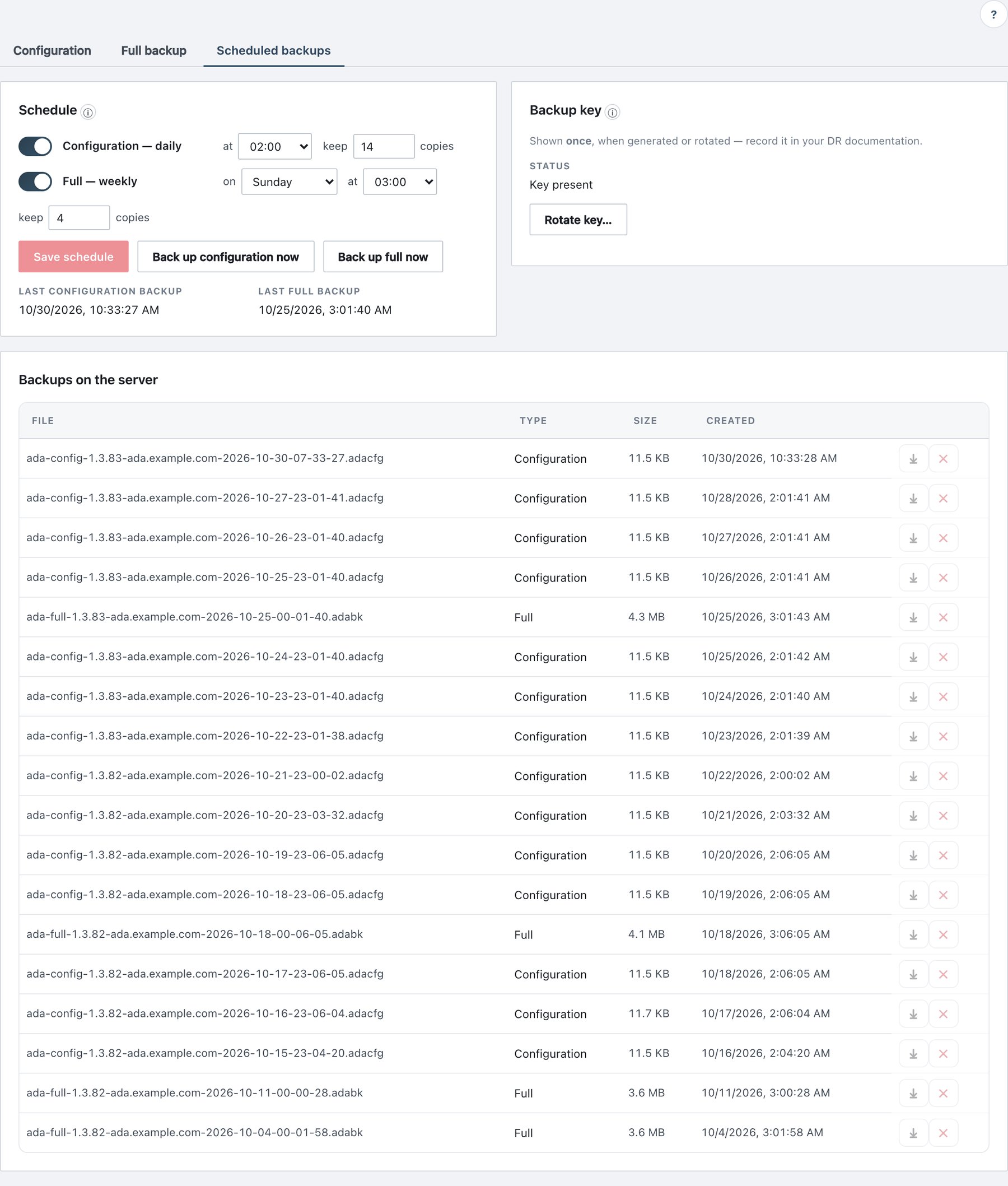 Backup → Scheduled backups, backup key and stored backups.